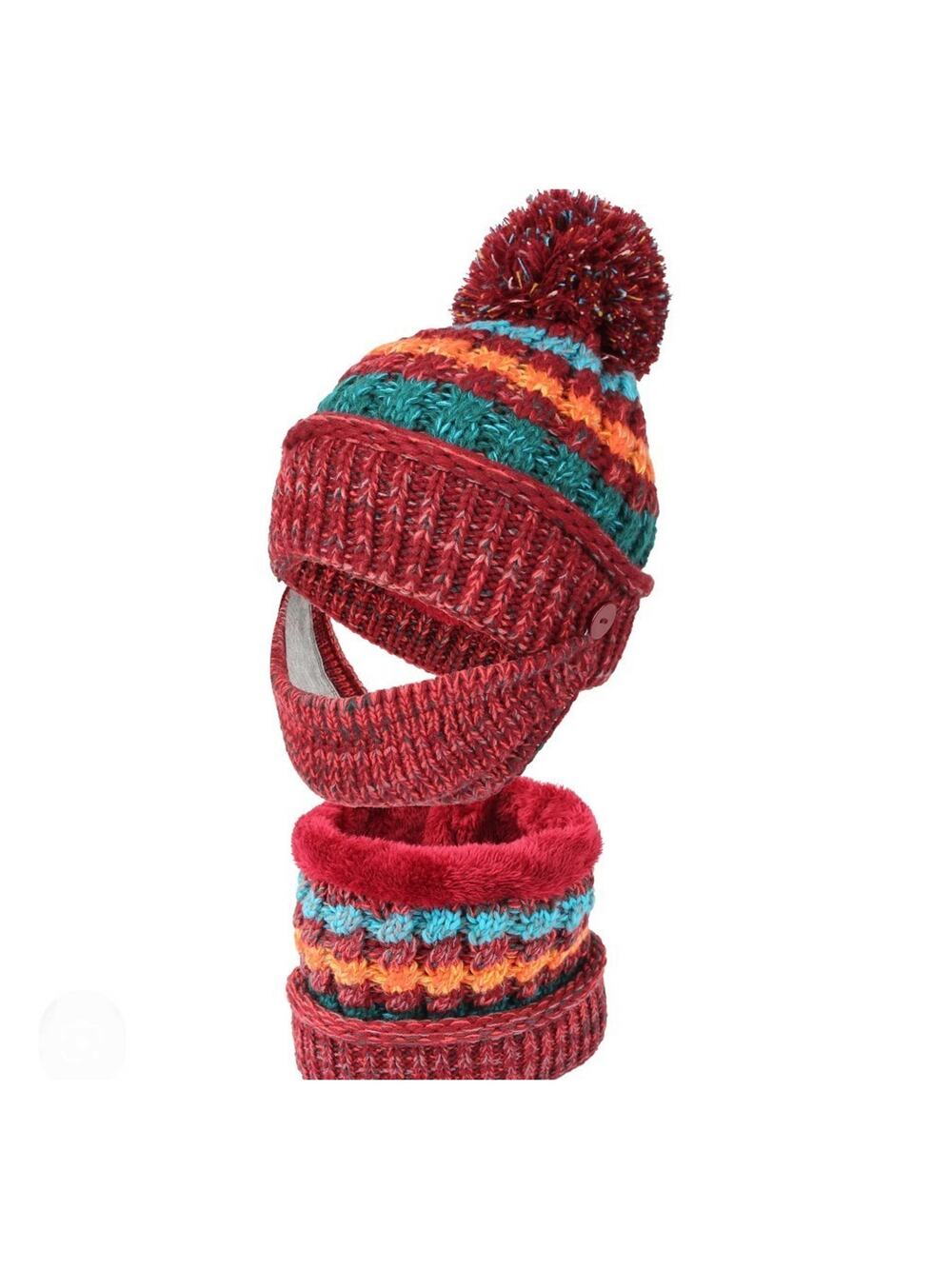 Womens Winter Fleece Lined Beanie Hat with Face Mask and Neck Scarf Gaiter Red